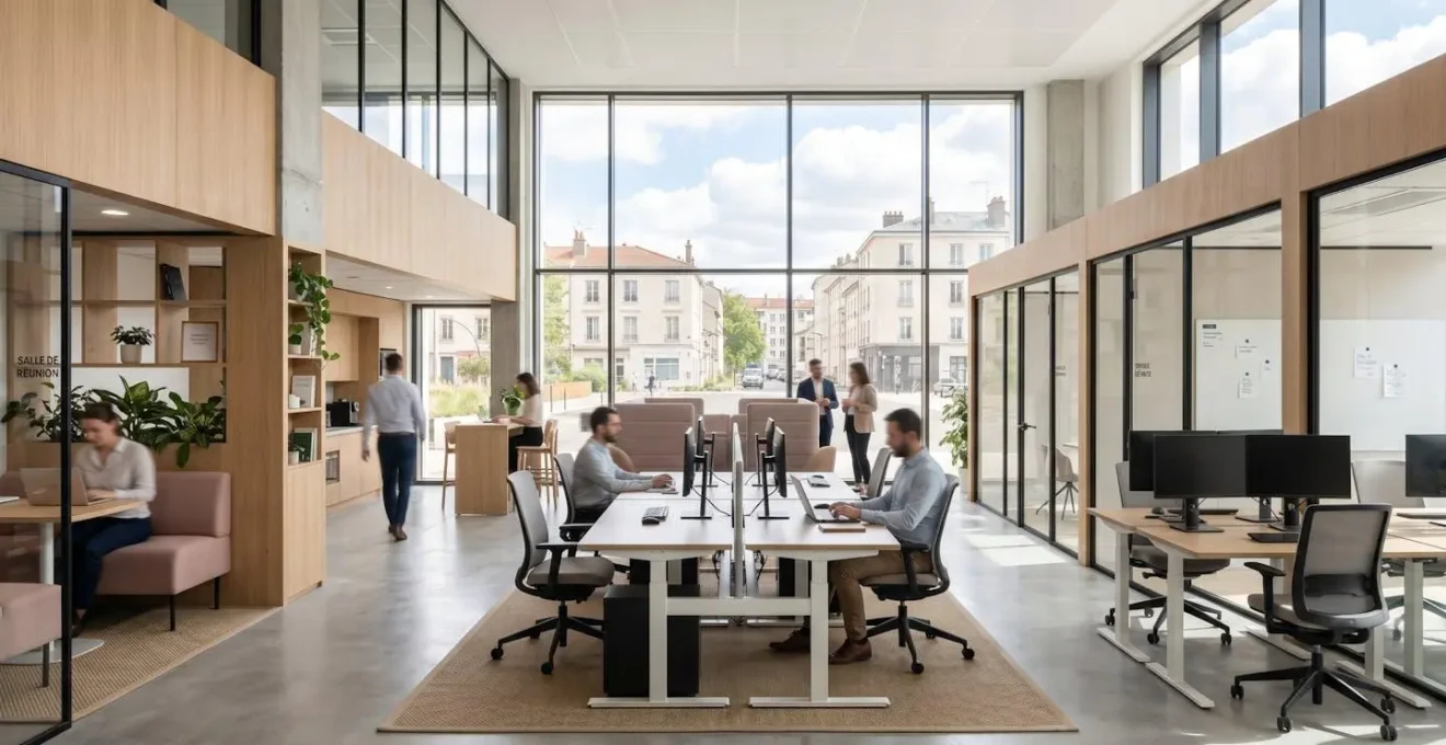 Open space lumineux d'une PME française avec postes de travail contemporains et larges fenêtres laissant entrer la lumière naturelle