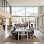 Open space lumineux d'une PME française avec postes de travail contemporains et larges fenêtres laissant entrer la lumière naturelle
