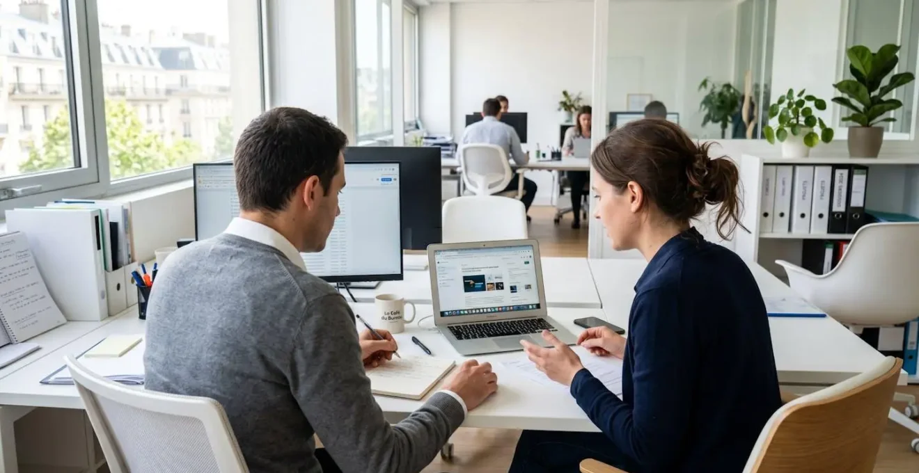 Deux professionnels travaillant ensemble de dos devant un bureau, l'un pointant du doigt un document tandis que l'autre observe attentivement
