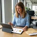 Tablette et enveloppe kraft symbolisant le passage du papier au numérique sécurisé