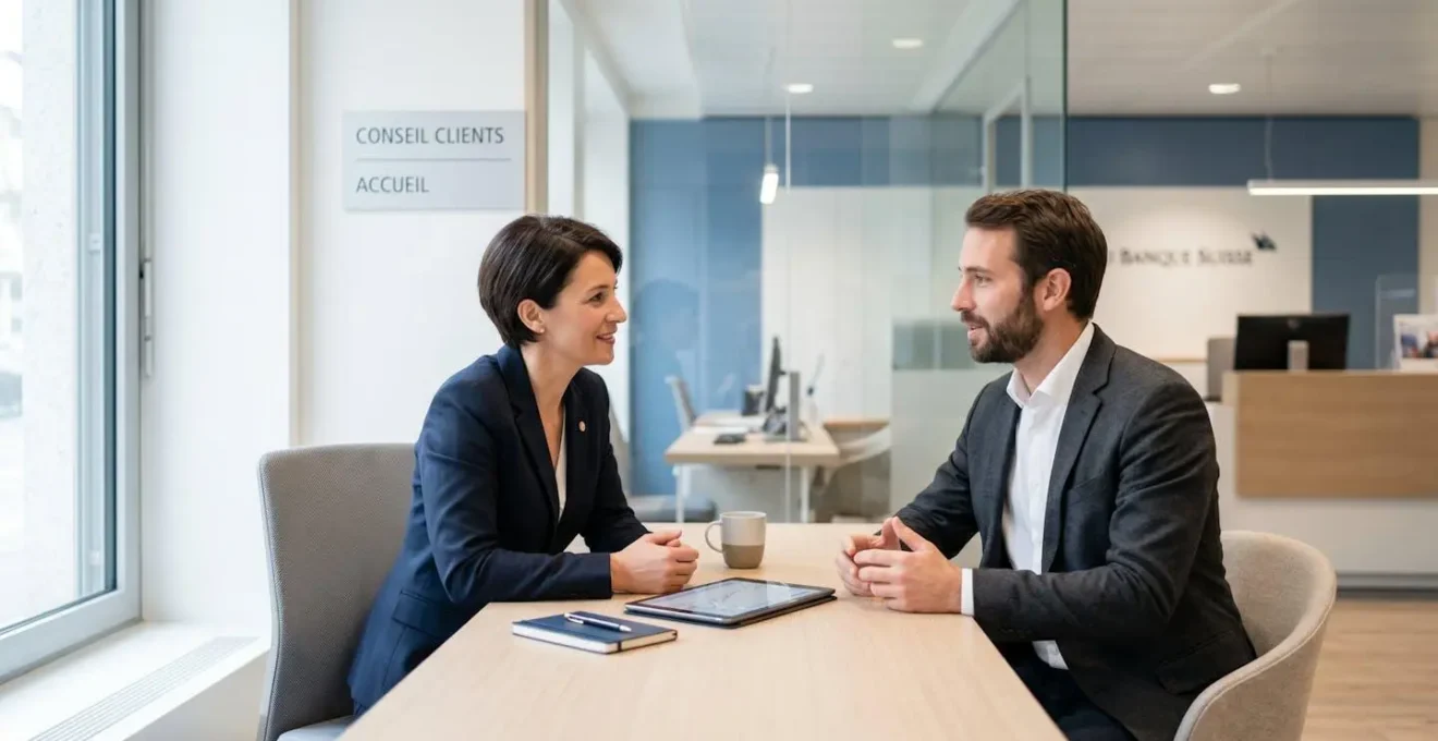 Entrepreneur rencontrant son conseiller bancaire dans une agence moderne pour l'ouverture de son compte professionnel