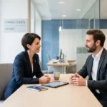 Entrepreneur rencontrant son conseiller bancaire dans une agence moderne pour l'ouverture de son compte professionnel