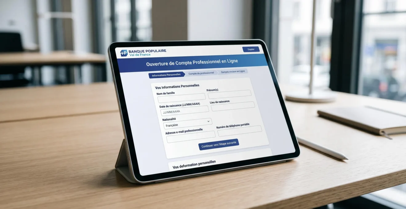 Interface française d'ouverture de compte bancaire professionnel en ligne affichée sur une tablette moderne