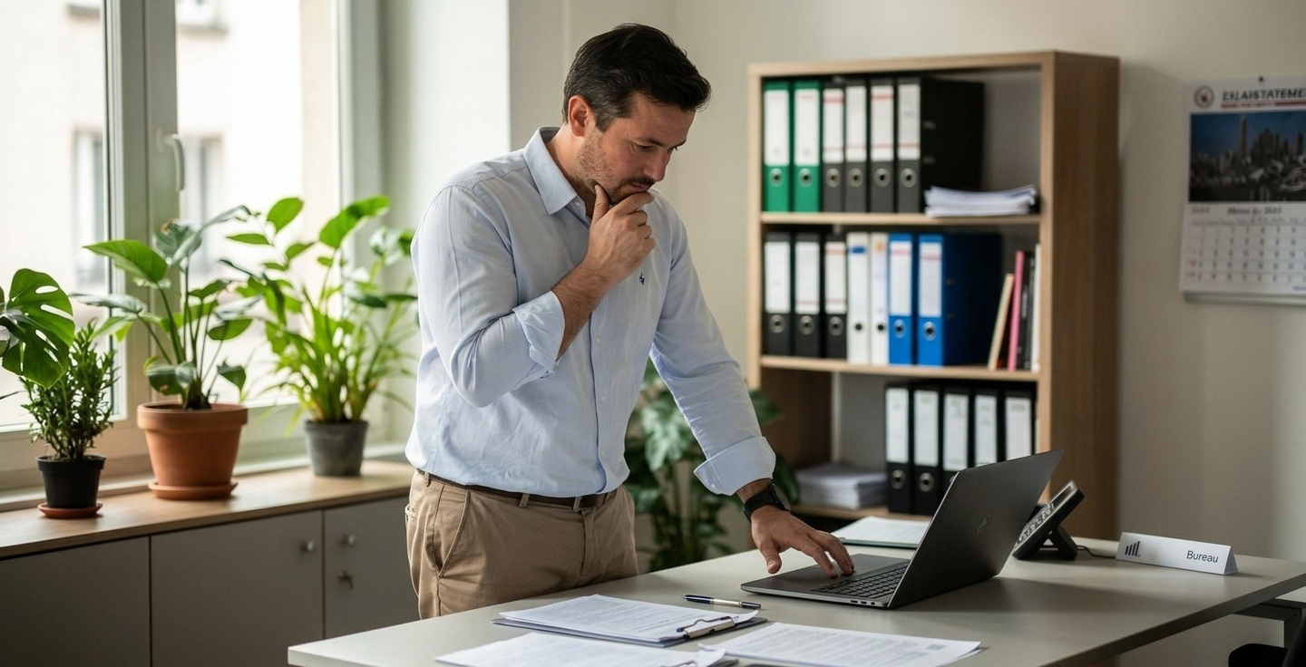 Un homme vérifie des informations sur son ordinateur portable tout en téléphonant au bureau.