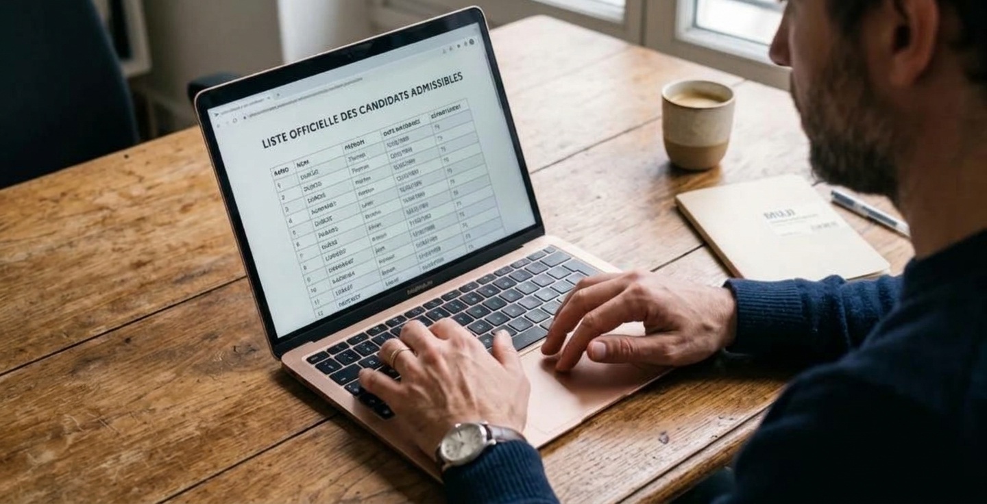 Des mains consultent une liste officielle sur un ordinateur portable, document en main.