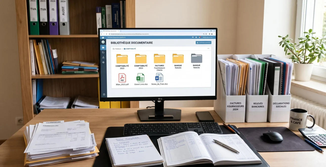 Documents comptables organisés sur un poste de travail avec un ordinateur affichant une bibliothèque documentaire générique.