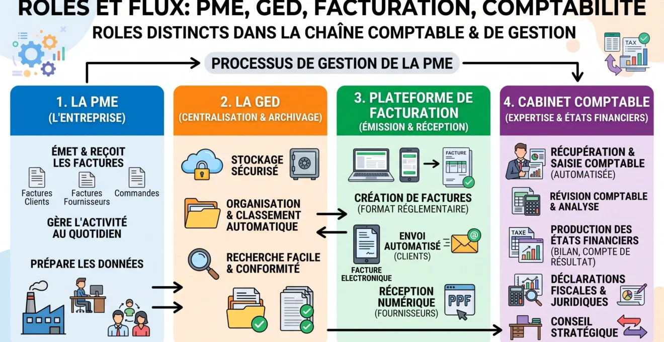 Schéma pédagogique présentant les rôles distincts de la PME, de la GED, de la plateforme de facturation et du cabinet comptable.