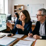 Dirigeante de PME et expert-comptable examinant des documents numériques et des factures électroniques