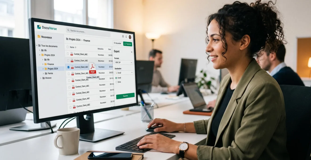 Personne testant l'organisation et l'export de documents dans une interface générique de GED.