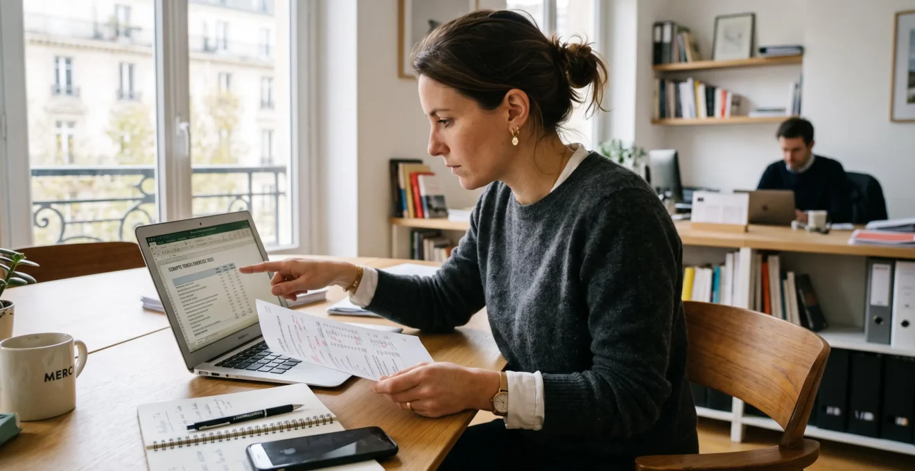 Une professionnelle compare un document imprimé et son écran d'ordinateur au bureau.